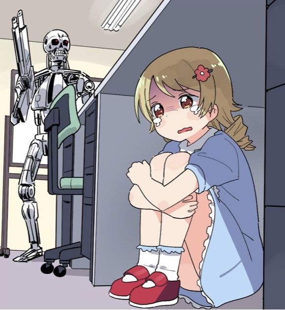 anime girl hiding from terminator meme template
